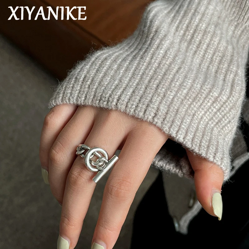 XIYANIKE Silver Color Unique OT Buckle Chain Fashion Multi-layer Cross Round Silver Ring Personalized Party Punk Jewelry 1