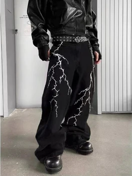 Y2k Fashion Baggy Jeans Black Men's Streetwear Straight Oversize Wide-leg Pants Vintage Lightning Pattern Loose Denim Trousers 1