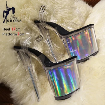 High-quality 17CM/7inches Women Sandals Stripper High Heel Shoes Transparent Platform Glitter Stiletto Pole Dance Shoes Wedding 1