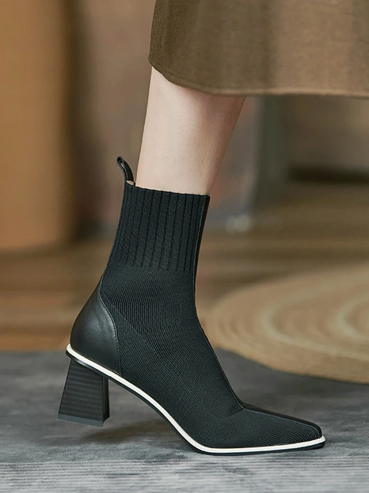 Women Chelsea High Heels Boots Winter Knitting Ankle Sock Boots Thick Pumps 2022 New Designer Ladies Shoes Casual Snow Botas New