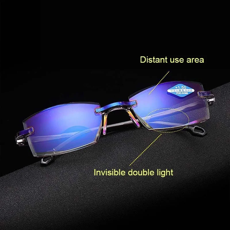 New Diamond Cut Bifocal Progressive Reading Glasses Men Blue Light Blocking Multifocal Eyeglasses Ultralight Rimless Eyeglasses