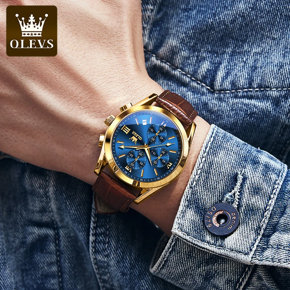 OLEVS 2872 Quartz Watch For Men Luxury Calendar Chronograph Waterproof Luminous Leather Wristwatch Top Brand Business Man Watch
