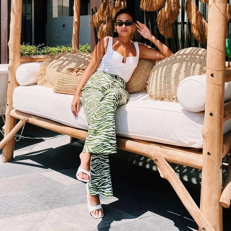 Summer Green Striped High Waist Wide Leg Pants Women Button Fly Bell-bottomed Pants Printed Casual Commute All-match Trousers