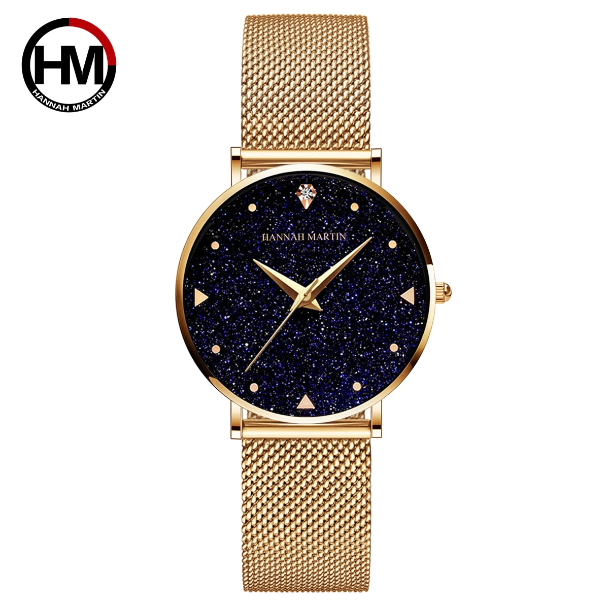 

Japan Quartz Movement Stainless Steel Mesh Band Watch Golden Ladies Wristwatches Flash Night Stars Face New Watches For Women