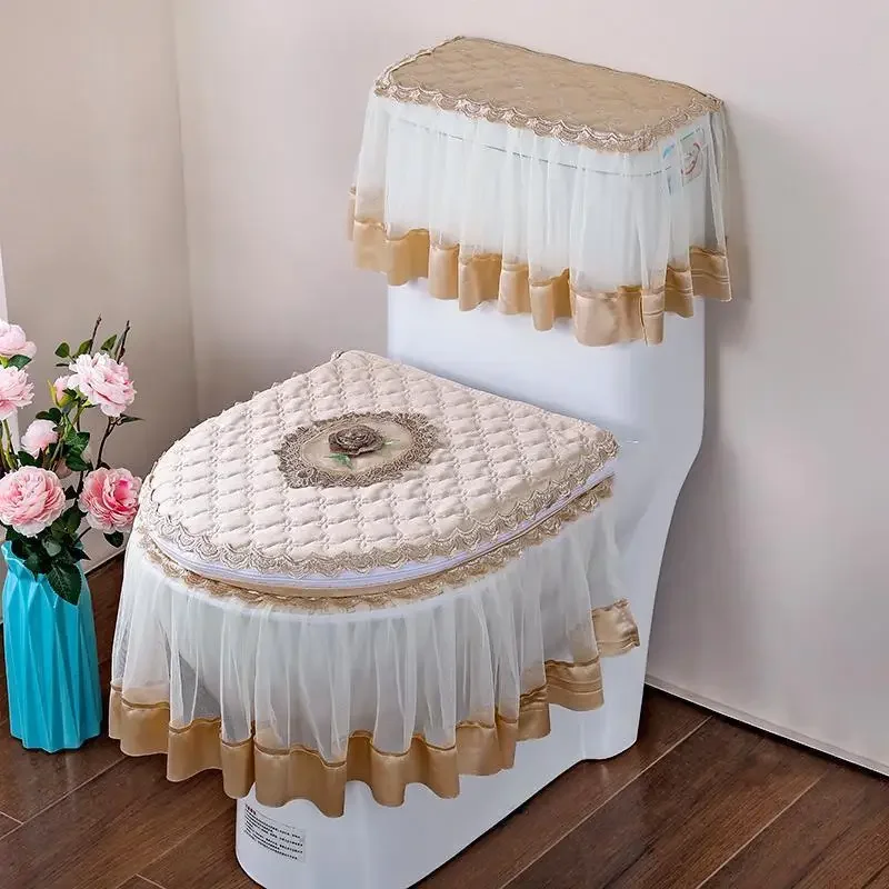 3 Pcs Set European Style Toilet Mat toilet seat cover toilet mat toilet mat set Four Seasons Universal Dust-proof Toilet Cover Zippered Lace Hem Ring Covers