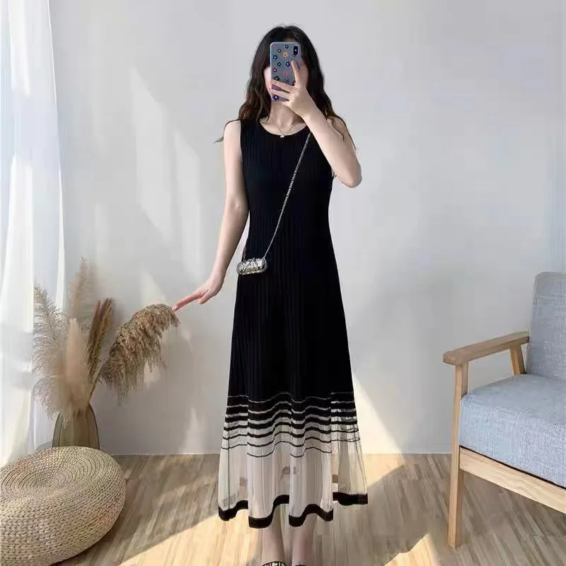 

Striped Slip Dress 2023 New Women's Thin Ice Silk Knitted Fabric Mesh Slim Fitting Mid Length Skirt Fashion Commuter Dresses