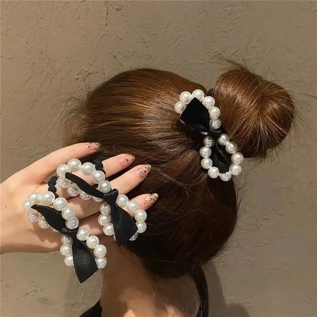New Black Satin Ribbon Bowknot Pearl Elastic Hair Bands Women Girls  Ponytail Scrunchies Hair Bun Holder Solid Hair Tie Rope Band - AliExpress