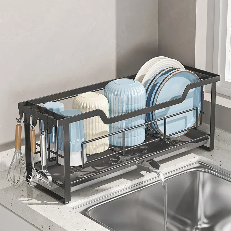 Compact Dish Storage Rack Space-Saving Kitchen Organizer with Drain Tray for Plates Utensils Cups Countertop Dish Drainer