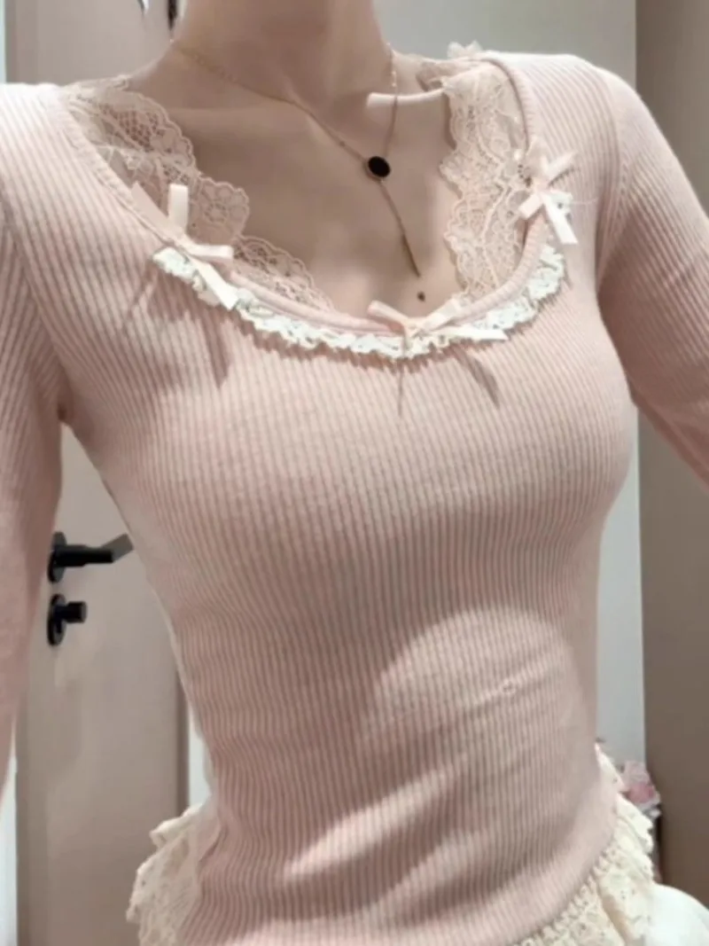 Lace T Shirt For Women Plaid Y2k Long Sleeve Tees Bow Solid Top Slim Spring Tshirt Female Korean Fashion Knitted Clothes 2025 5