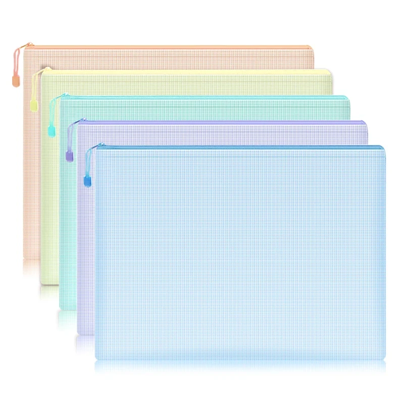 File folder File storage bag Document organizer 5pcs Mesh Zipper Pouch Document Bag Waterproof Zip File Folders A4 for School Office Supplies