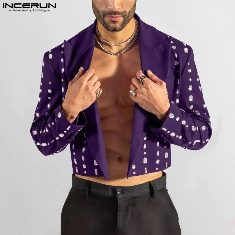 Men Blazers Lapel Collar Long Sleeve Open Front Diamond Printed Loose Cropped Jacket Coat