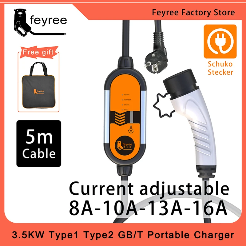 

EV Portable Charger Type2 Plug/GB/T Plug Connector 16A Single Phase 3.5KW Type 1 Wallbox Charging Station for Electric Vehicle