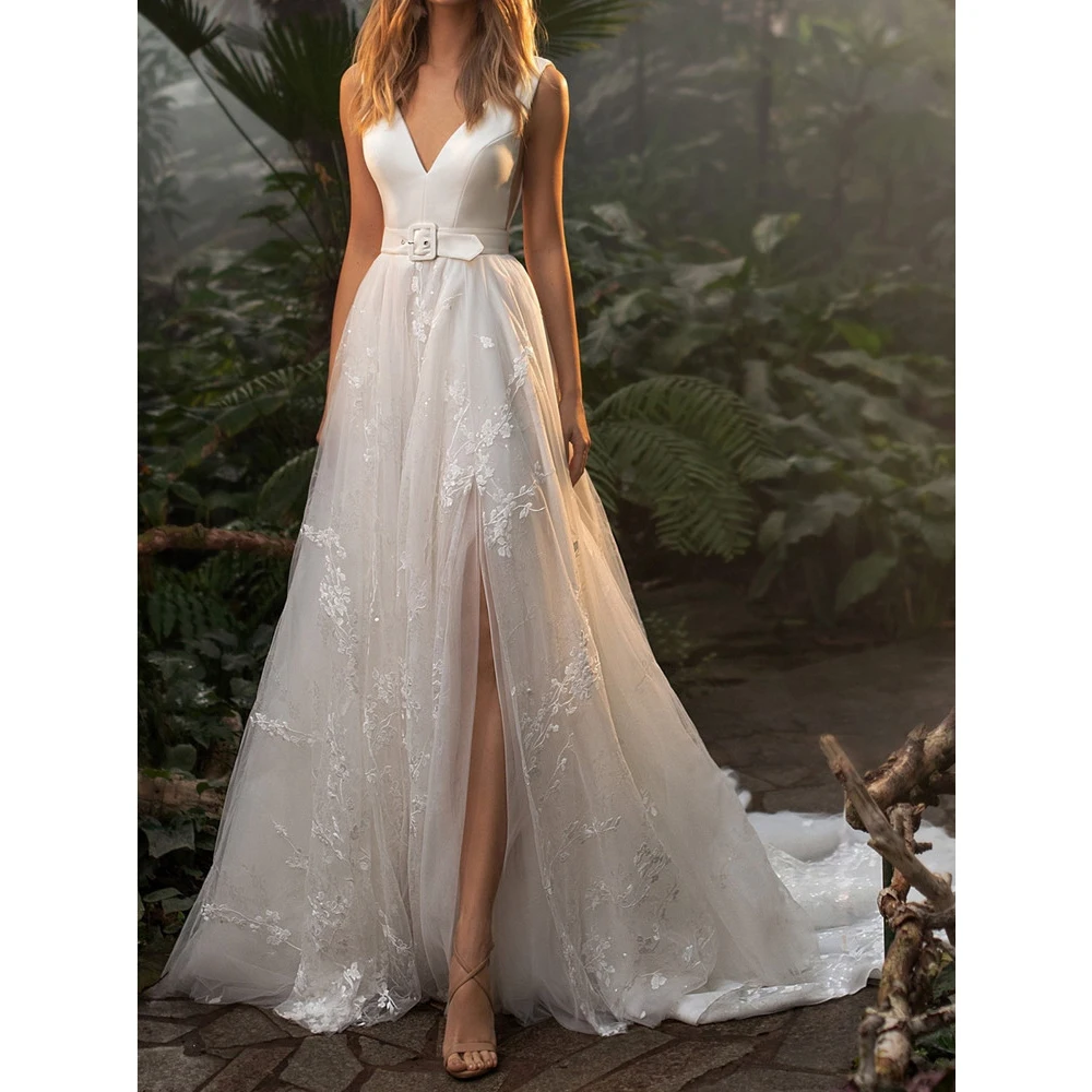 

Modern A-Line Wedding Dress V-Neck Sleeveless Satin Top Lace Appliques High Slit Tulle Train Sexy Vestido De Novia
