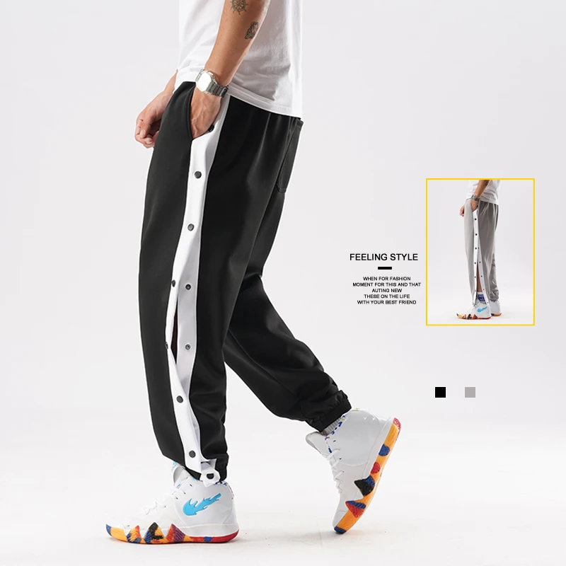 Men Joggers Pants Cut Off Split Side Long Pants Fashion Buttons Wide Leg Jogger Casual Pants