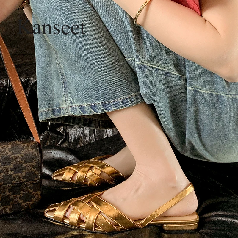 

Kanseet Flats Sandal Summer Women Shoes 2023 New Fashion Gold Genuine Leather Sandals Dress Daily Footwear For Ladies Sizes 41
