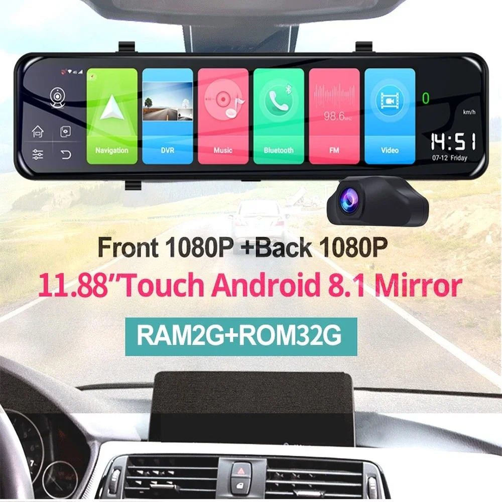 12" RAM 2G/ROM 32G 1080P Dual Lens 4G Mirror DVR Android 11 Dash Cam ADAS GPS Navigation Auto Car Camera Recorder