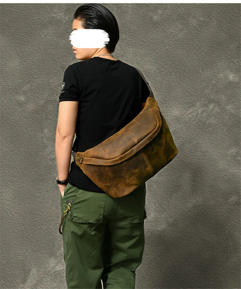 Simple vintage large capacity crazy horse cowhide men's chest bag natural real leather crossbody bag sports motorcycle bag teens