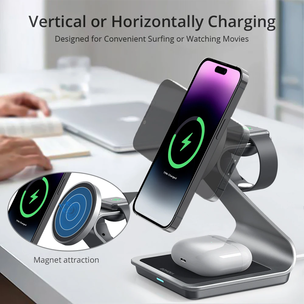 Bonola Metal 3 in 1 Magnetic Charger Stand for iPhone 15 Pro Max/14/13/Apple Watch Magnetic Wireless Charger Station for AirPods