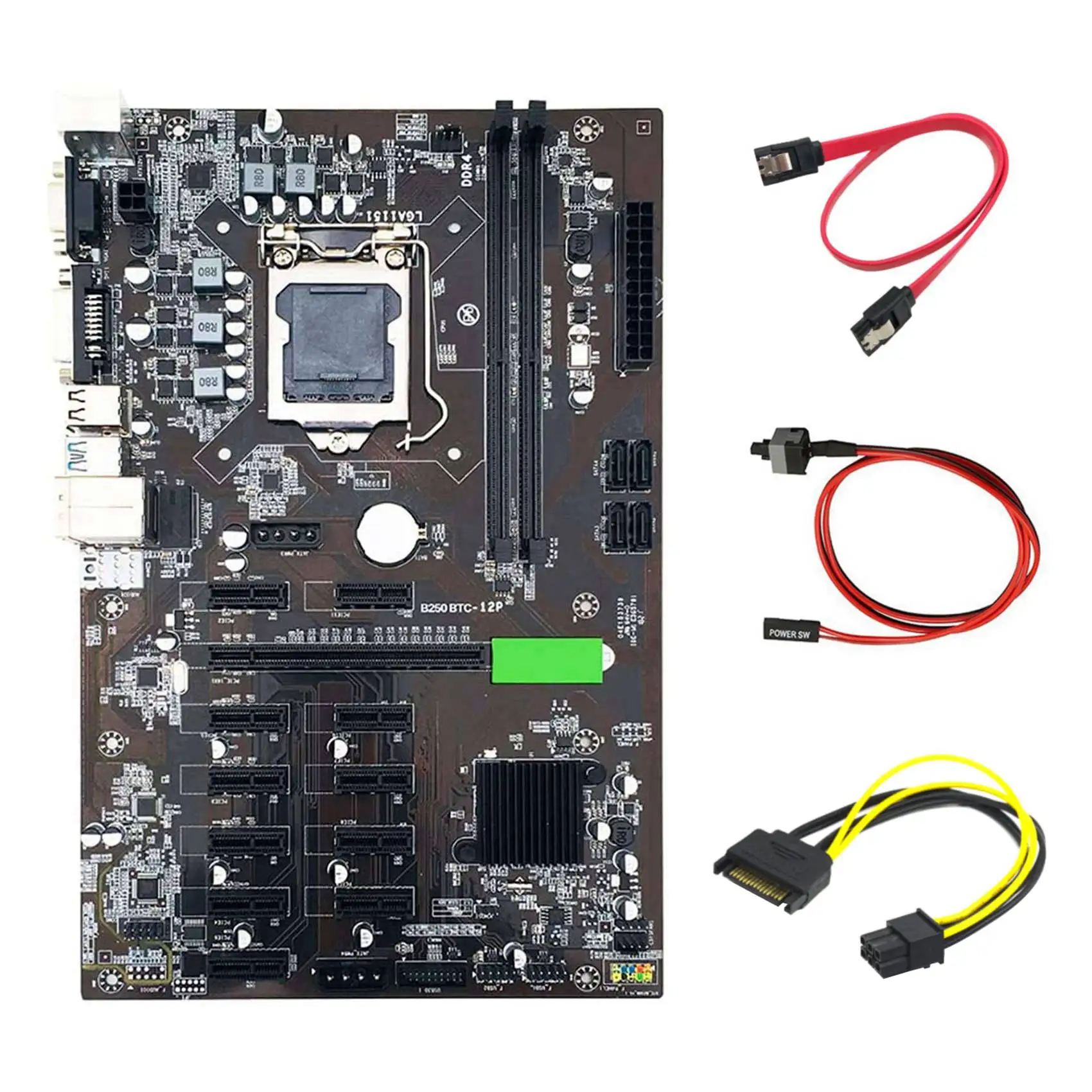 

Материнская плата B250 BTC для майнинга с кабелем SATA 15Pin-6Pin + кабель SATA + кабель переключателя 12x, слот для графической карты LGA 1151 DDR4