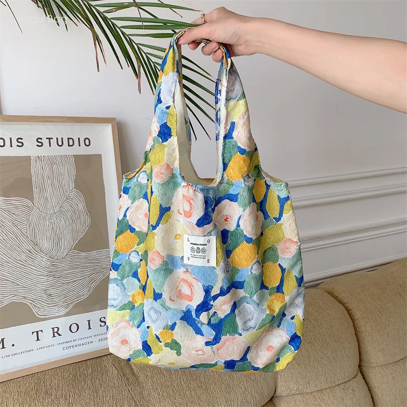 Girls Shoulder Bag Tote Underarm Bag for Leisure Commuter Students Colorful Oil Painting Flower Canvas Large Capacity