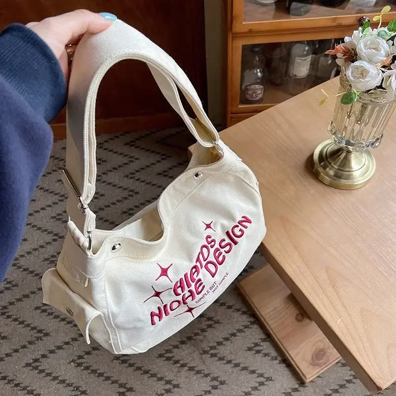 

2024 Summer Canvas Large Capacity Shoulder Bag Women Japanese Embroidered Tote Bag Female Street Fashion Shopping Messenger Bag