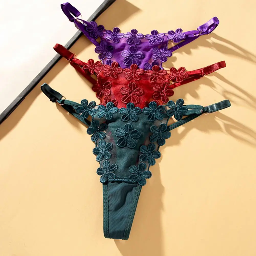 

Женские трусы, прозрачные порнографические регулируемые трусы с низкой талией и аппликацией, без ограничений, Цветочная вышивка, искусственная одежда