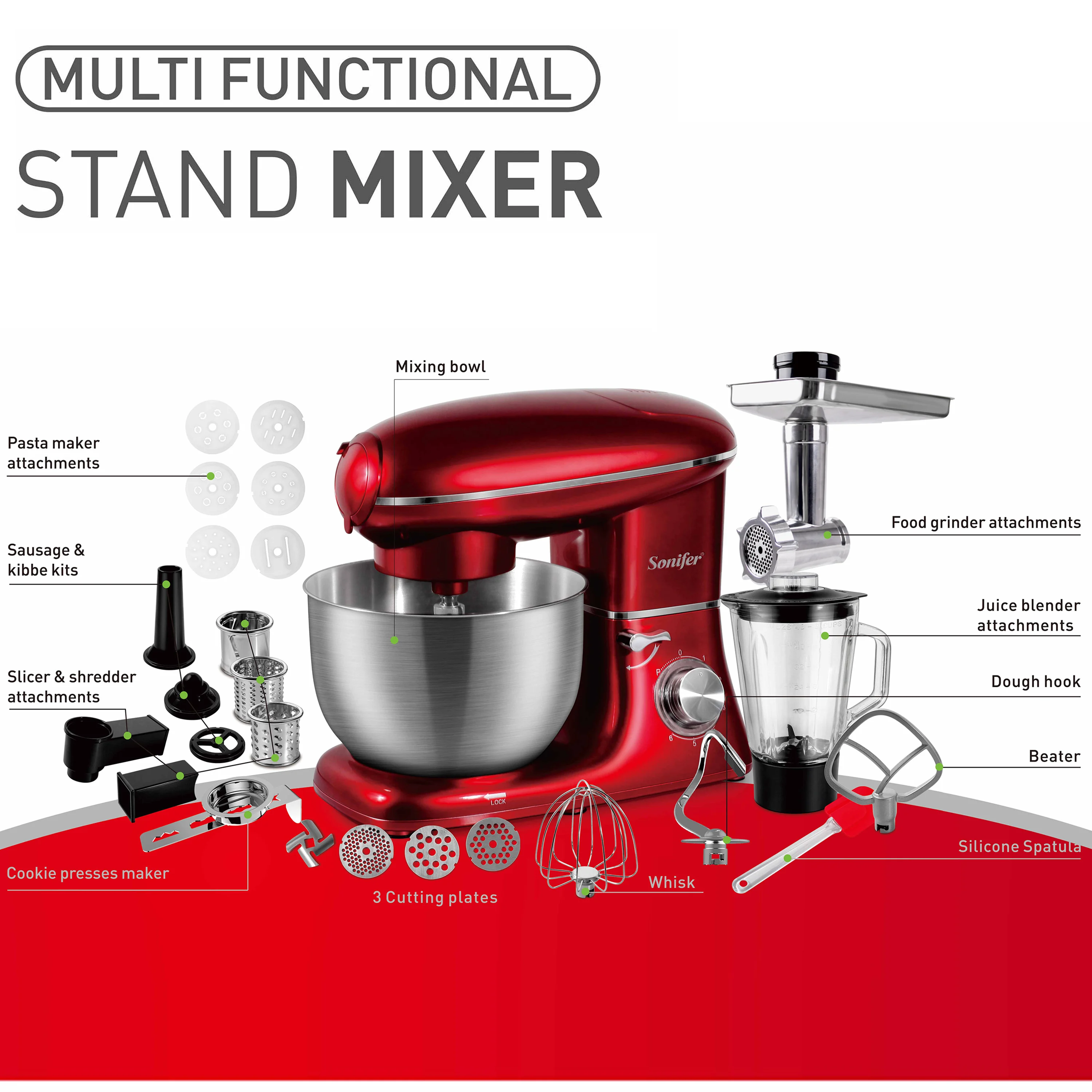 Sonifer Stand Mixer.reduction design, no displacement during,operation.Removable transparen bowl coverwith holes for adding ingr 3