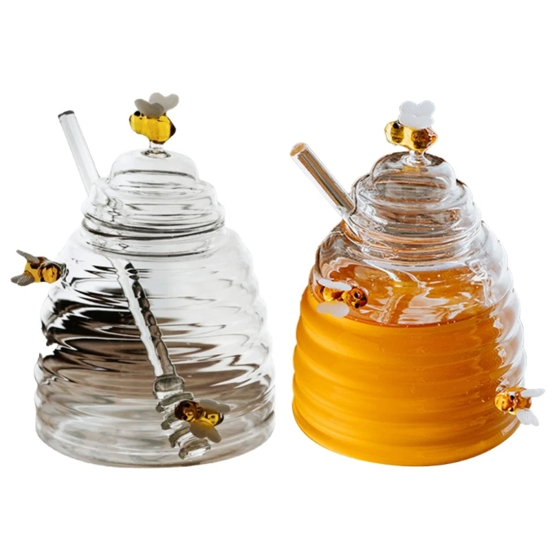 

Kitchen Honeycomb-shaped Small Bees Jar Clear Glass Honeys Jar with Stir Rod