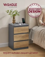 Прикроватная тумбочка VASAGLE с розетками, набор из 2 шт., приставной столик, 3 ящика, 2 розетки переменного тока, 2 порта USB-A, гостиная