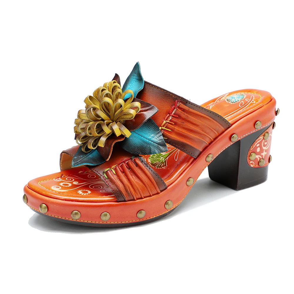

New Genuine Leather Vintage Slippers Women Shoes Handmade Color Rubbing Pleated Crease 3d Flower Comfortable Sandals High Heels