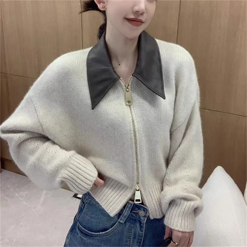Women PU Leather Knitted Sweater Cardigan