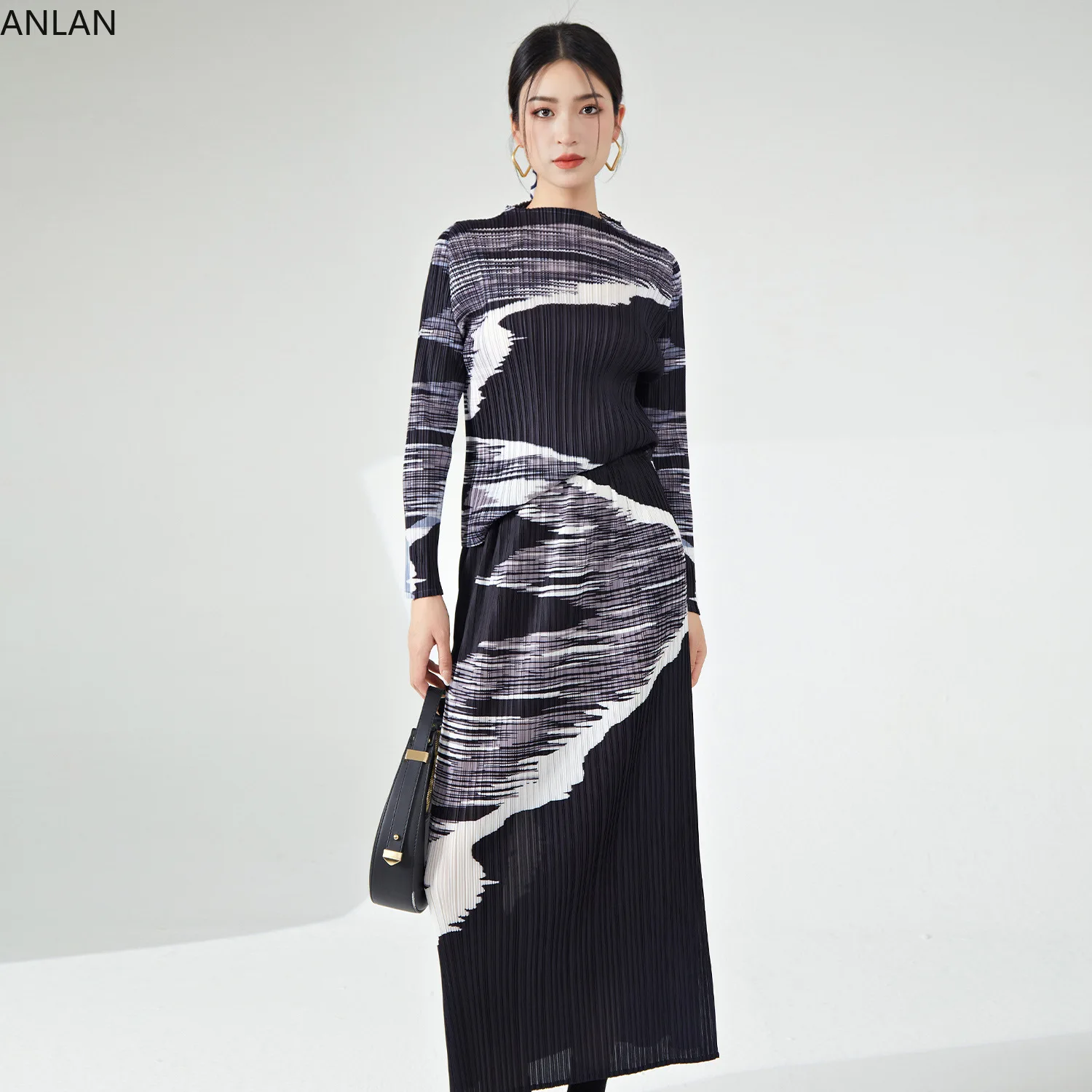 

ANLAN Miyake Fashion Suit Women Striped Printed Long Sleeve Pleated Slim Sexy Evening Party 2 Pieces Set 2024 Spring New 9YK1306