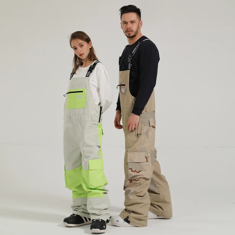 

Gsousnow Skiwear One-piece Lover Couple Men Women Windproof Waterproof Outdooor Sports Big Pockets Denim Backpack Pants Trousers