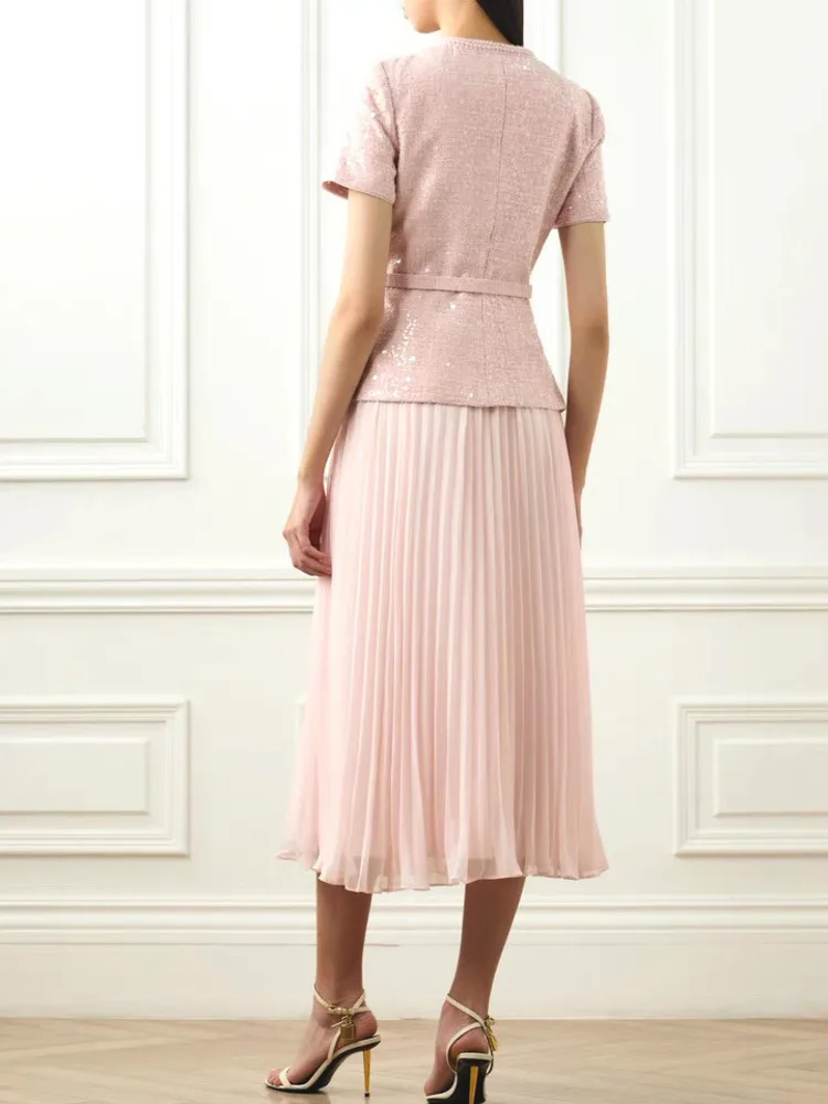 QMQA Fashion Women's Elegant 2 Pcs Set O Neck Short Sleeve Sequins Tweed Belt Coat High Waist Pleated Skirts Sets 2024 New 1A115 2
