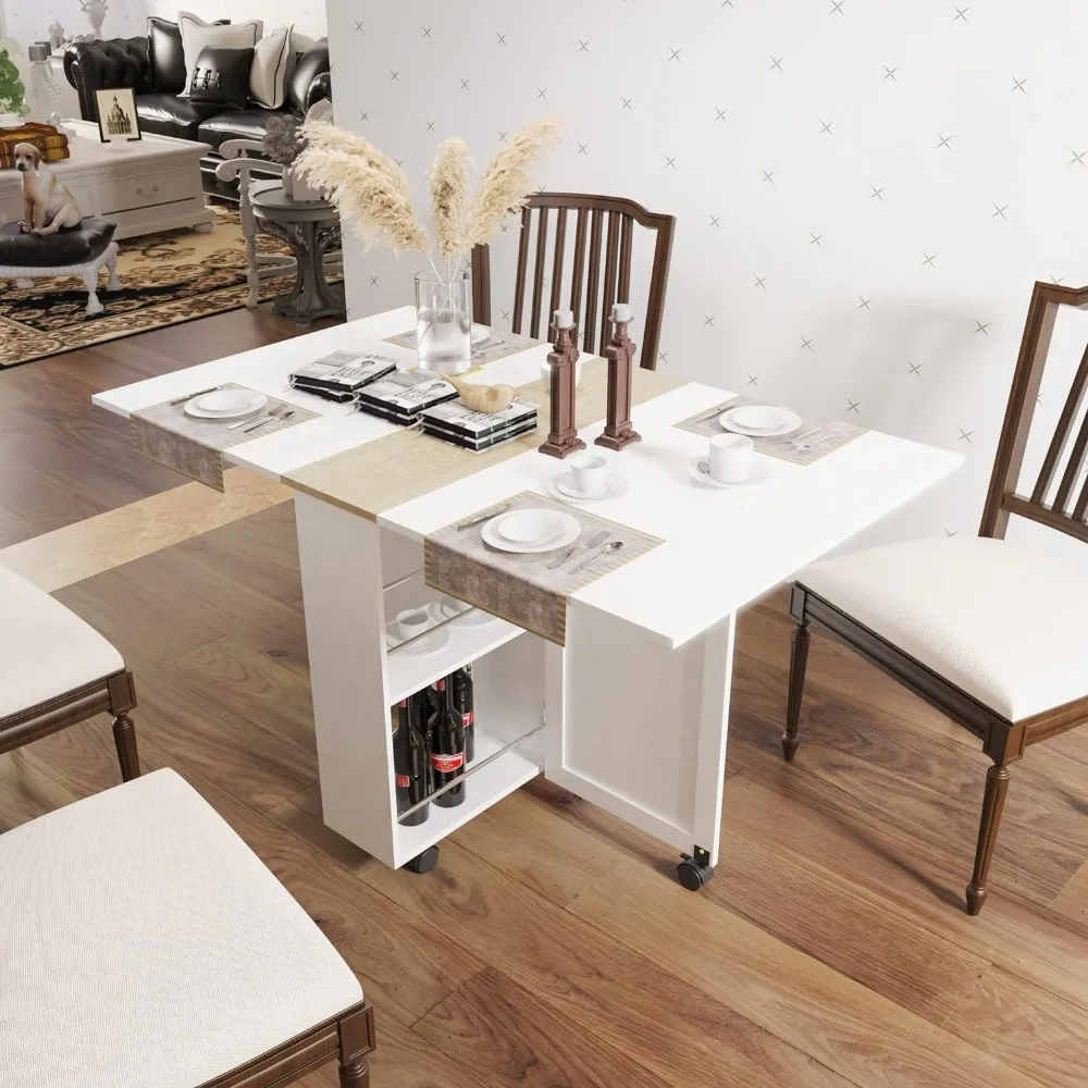

Folding Dining Table, Dinner Table with Drawer and Storage and Shelves, Space Saving Dining Table with 6 Wheels, Kitchen Table