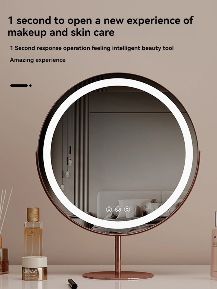Circular desktop LED makeup mirror with light, smart sensing touch makeup fill light mirror, rotatable