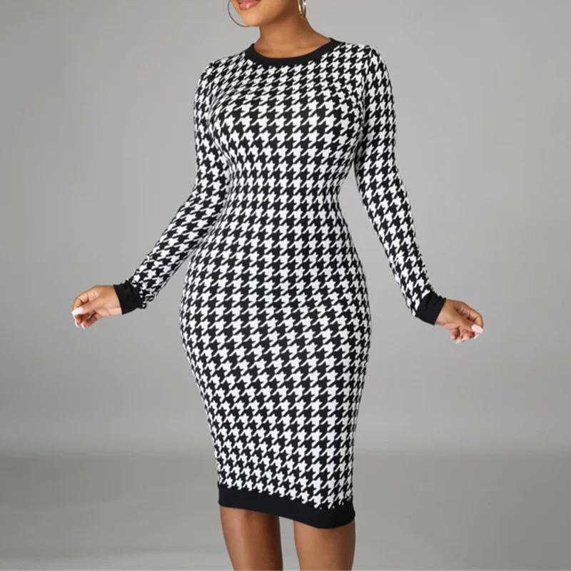 

Women Long Sleeve Houndstooth Print Midi Dress Hollow Out Bodycon Sexy Streetwear 2023 Autumn Winter Club Elegant Slim vestidos