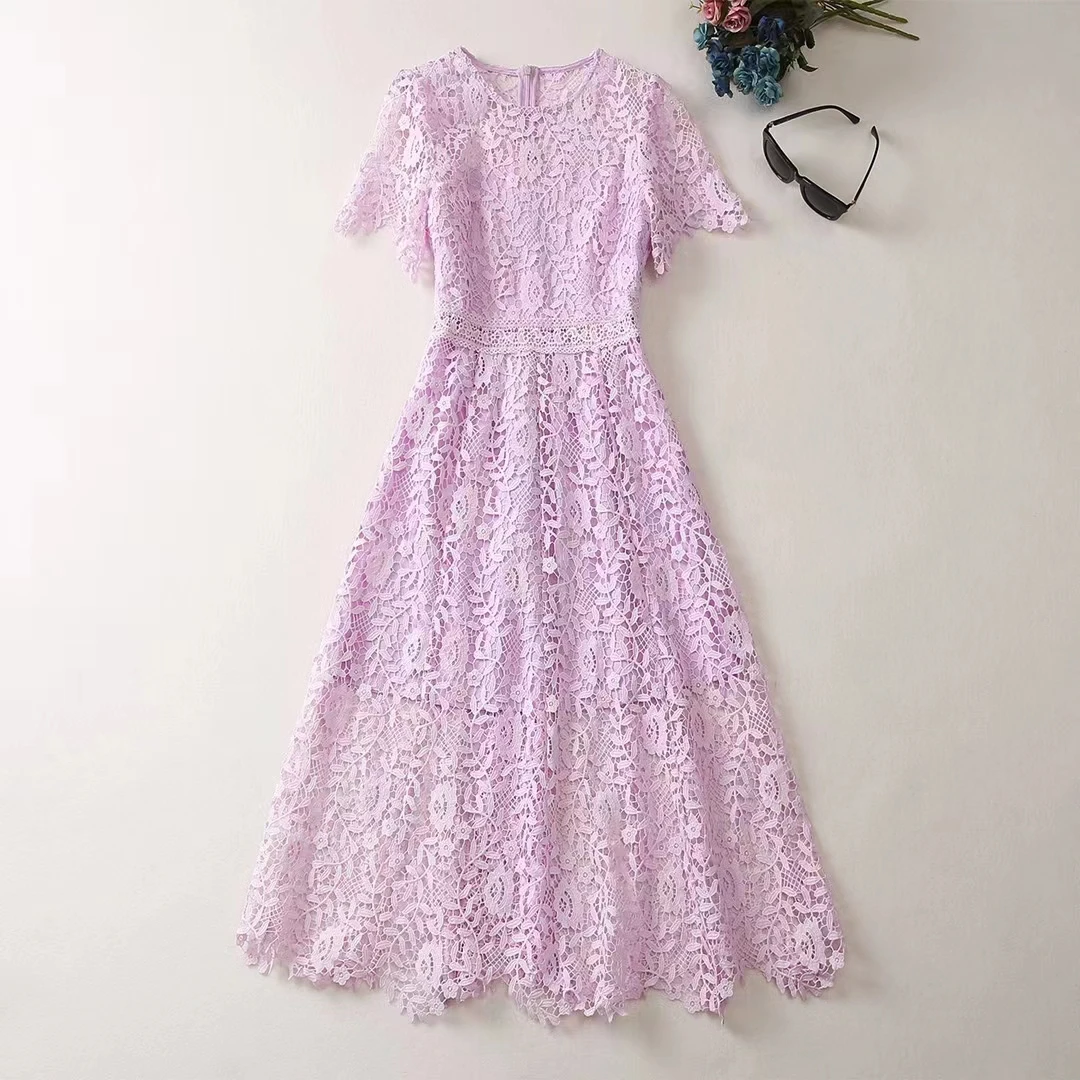 

European and American women's clothes 2023 spring new Short sleeve Round neck fashion Purple Lace Pleated Dress XXL