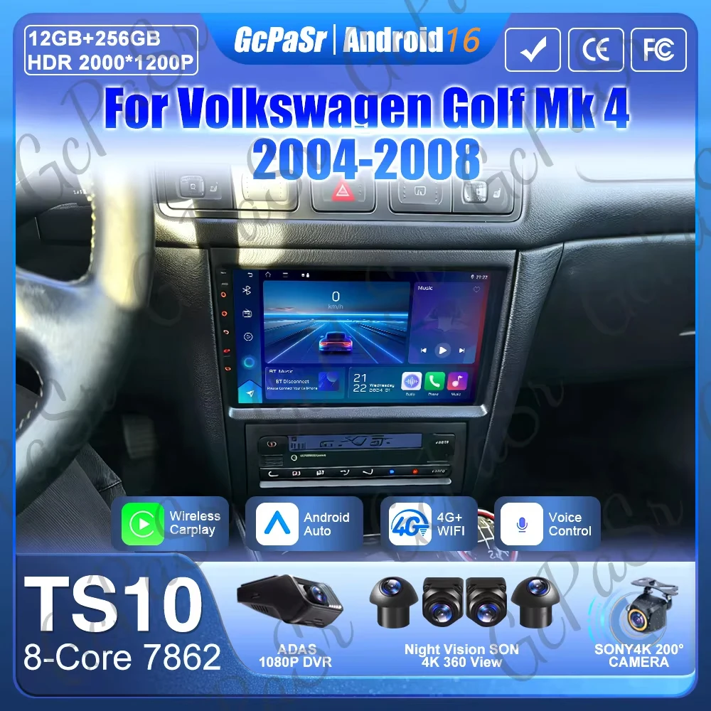 폭스바겐 골프 4 Mk4 제타 2004-2008용 안드로이드 16 카 라디오 카플레이 멀티미디어 플레이어 GPS 네비게이션 와이파이 비디오 스테레오 2딘