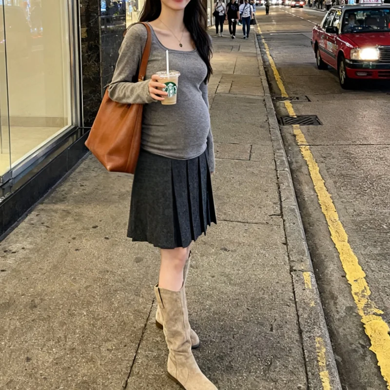 임산부 패션 긴팔 슬림핏 베이스 셔츠 가을 겨울 새로운 스타일 스퀘어 칼라 아우터 디자인 스커트