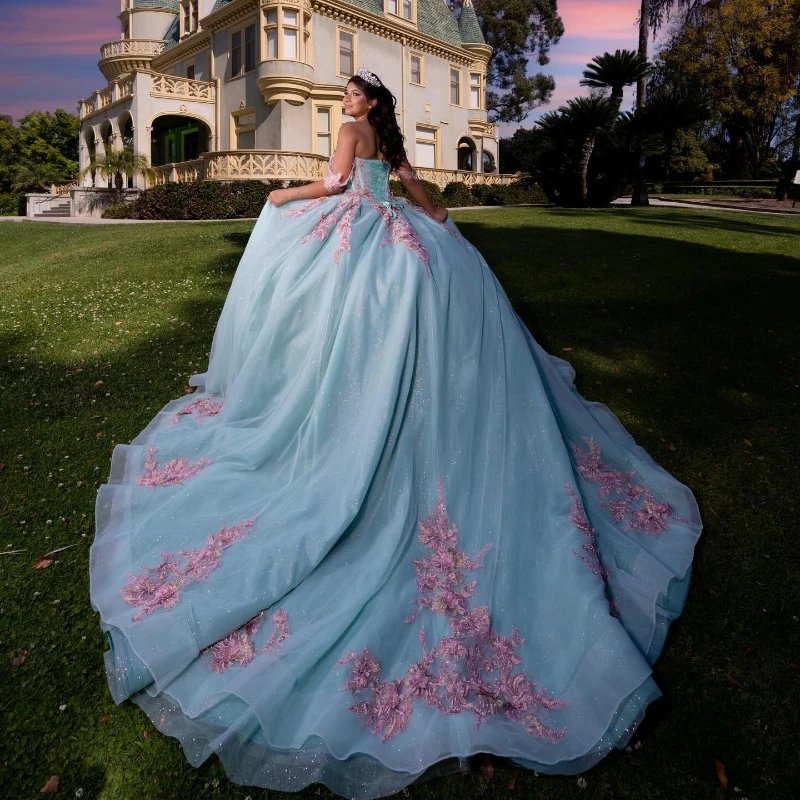 Aqua Blue Off The Shoulder Quinceanera Dress Lace Applique Sequins Beading Tull Mexican Sweet 16 Vestidos De XV 15 Anos