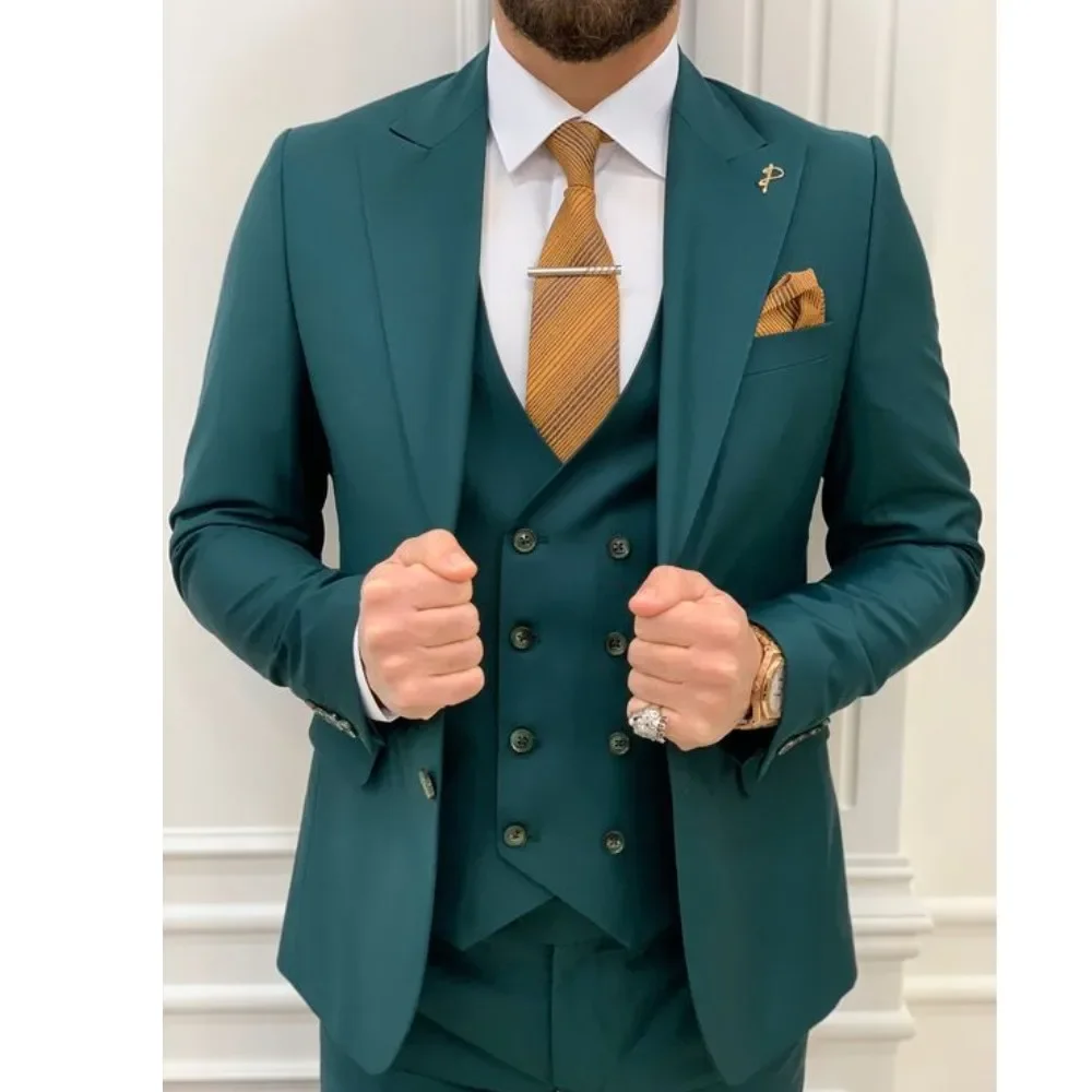 Costume 3 Pièces Vert Foncé pour Homme, Coupe Cintrée, Double Boutonnage, Tenue de Mariage, Bal, ix, Business (Blazer + Glace + Pantalon)