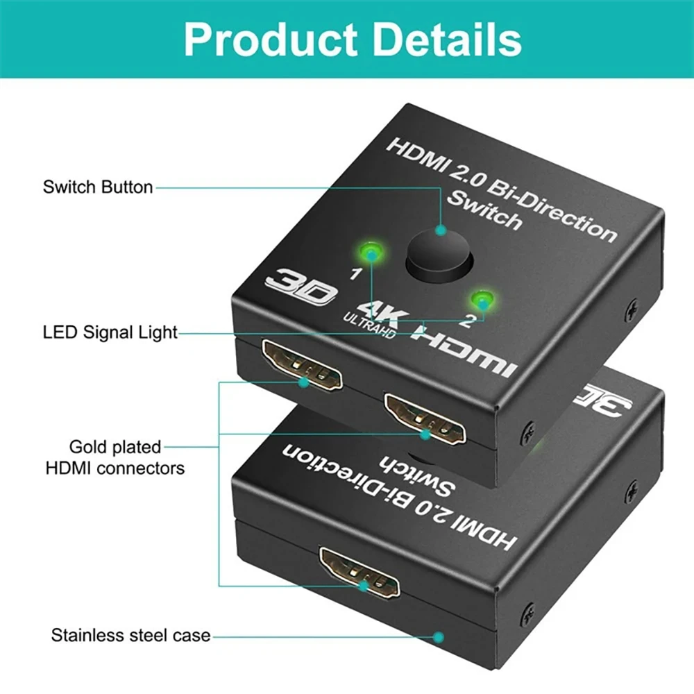 HDMI 호환 스플리터 4K 스위치 KVM 양방향 1x 2/2x1 HDMI 호환 스위처, 2 in1 출력 PS4/3 TV 박스 스위처 어댑터