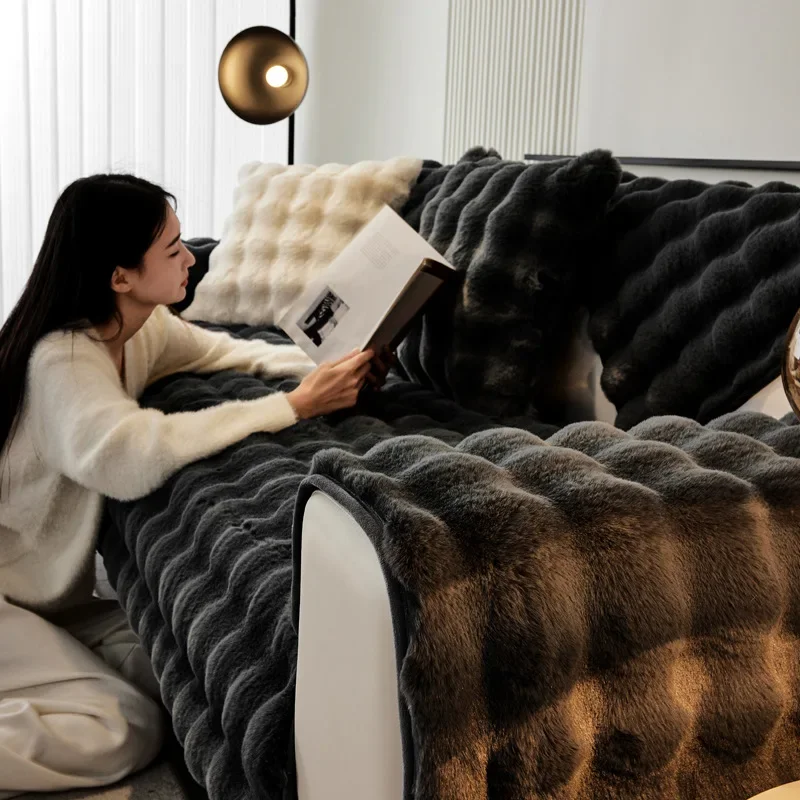 Warm Velvet Non-Slip Cushions Winter Thick Plaid Plush Sofa Cover  Living Room Flannel Couch Covers Universal Armrest Back Towel 3