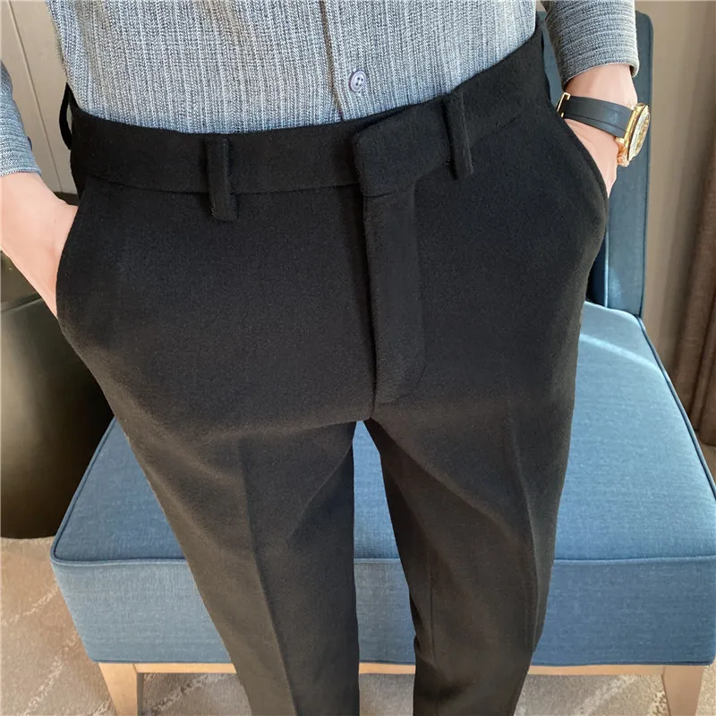 2022Autumn Winter Men Dress Pants Woolen Warm Business Formal Social Suit  Pants Casual Slim Striped Fit Cigarette Trousers Men - AliExpress
