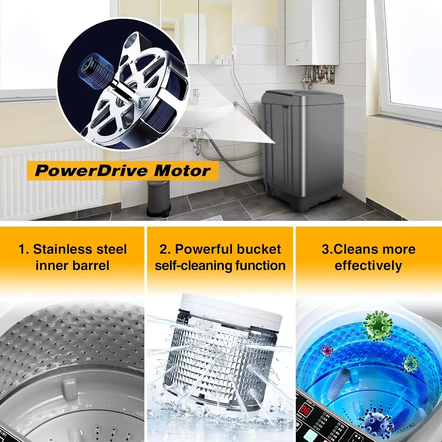 Washing Machine, 25 LBS Full Automatic Portable Washing Machine with 8 Water Levels and 10 Programs Laundry Drain Pump, Grey Low 3