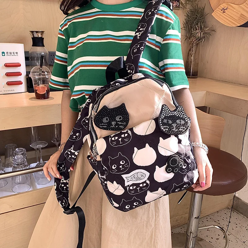 

Милый черный рюкзак в стиле преппи, милая сумка с принтом кошки и бриллиантами, нейлоновые вместительные сумки-тоуты, Корейская повседневная школьная сумка для женщин