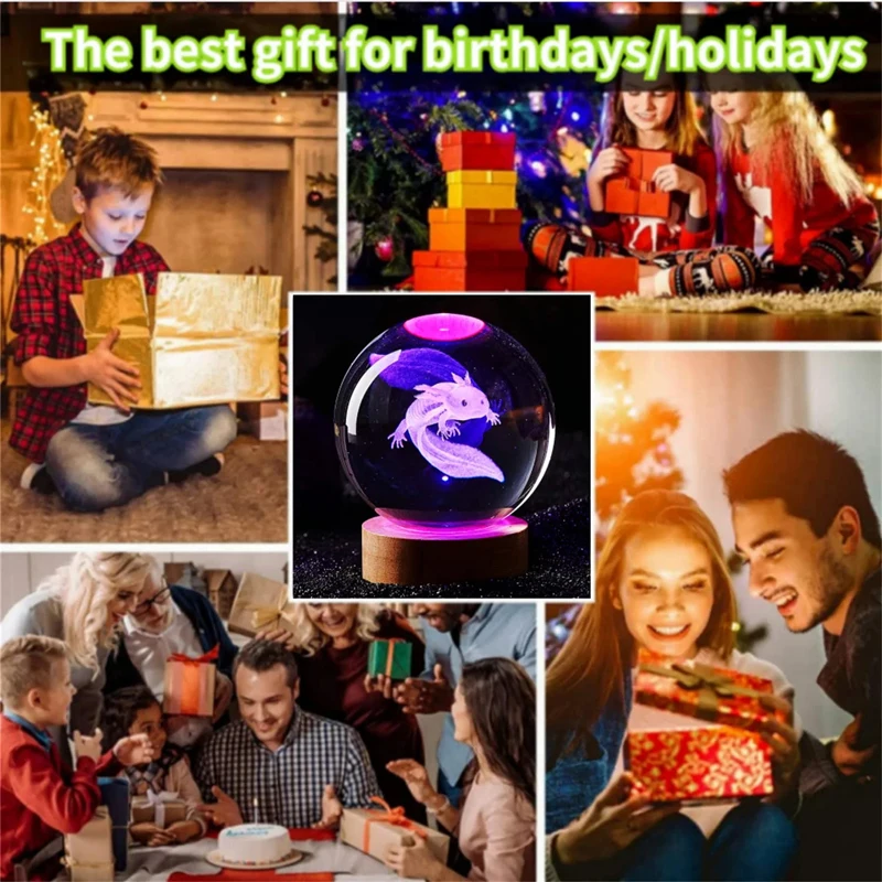 3D Axolotl Laser Engraved Crystal Ball Coloured Night Light,Girlfriend Classmate Wife Children Birthday Gift Home Decoration 6