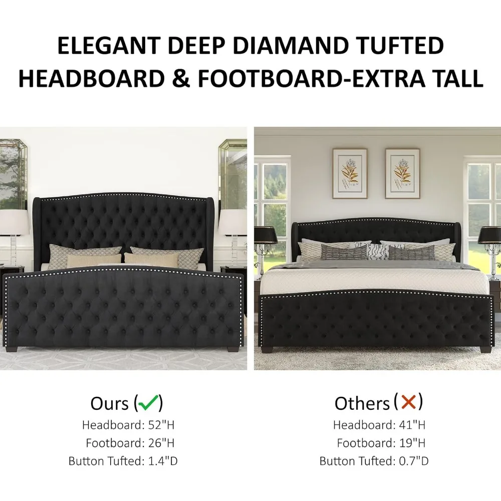 King Platform Bed Frame, Velvet Upholstered Bed with Deep Button Tufted & Nailhead Trim Wingback Headboard/No Box Spring Needed
