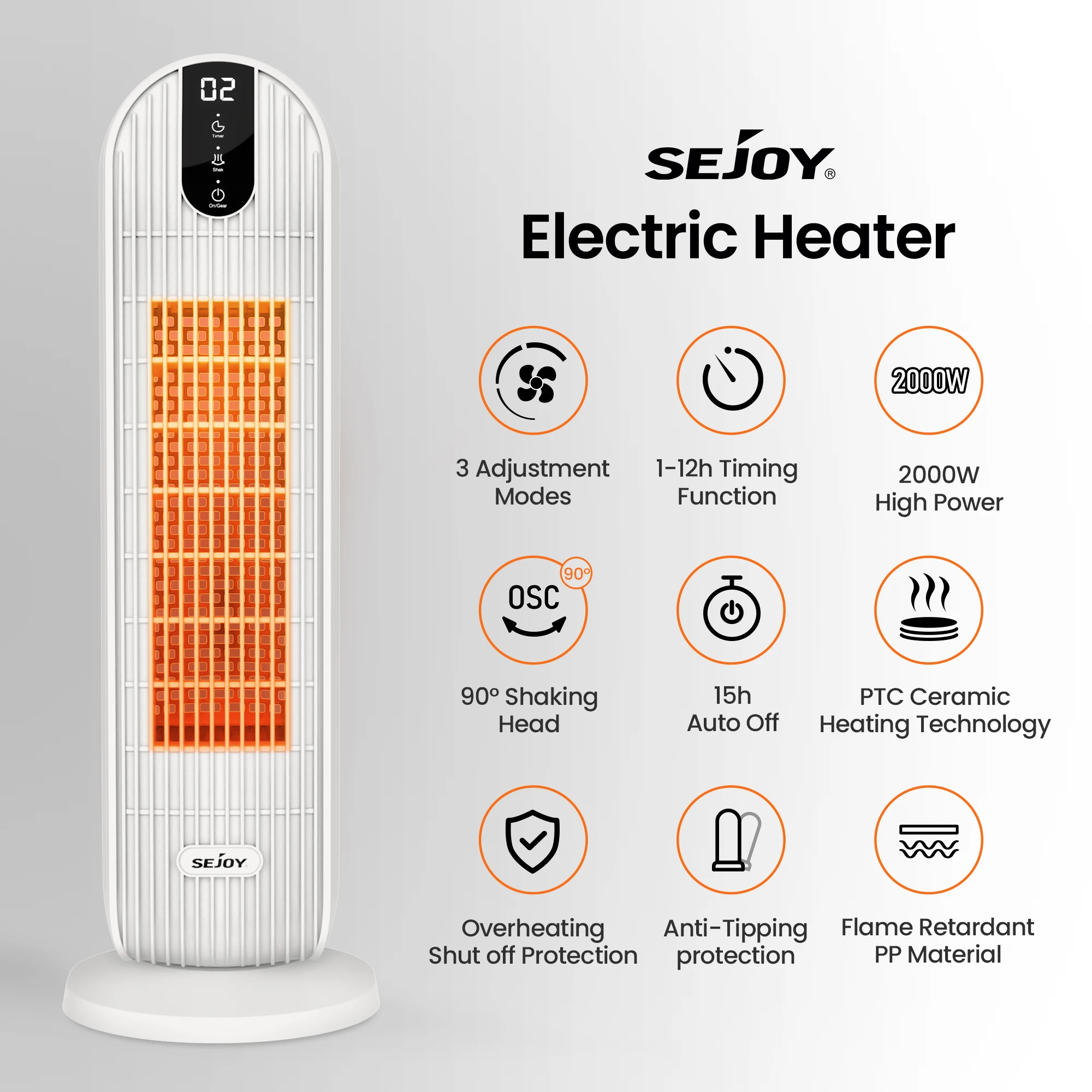 Sejoy 2000W Electric Heater Home 3 gears 220v EU Plug Space Heater PTC Ceramic Heater,with Timing,Automatic Swing,Heating Fans 2